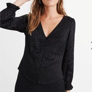 Madewell Smocked Sleeve Daylight‎ Woven Polka Dot Top Size 4 V-Neck Buttons